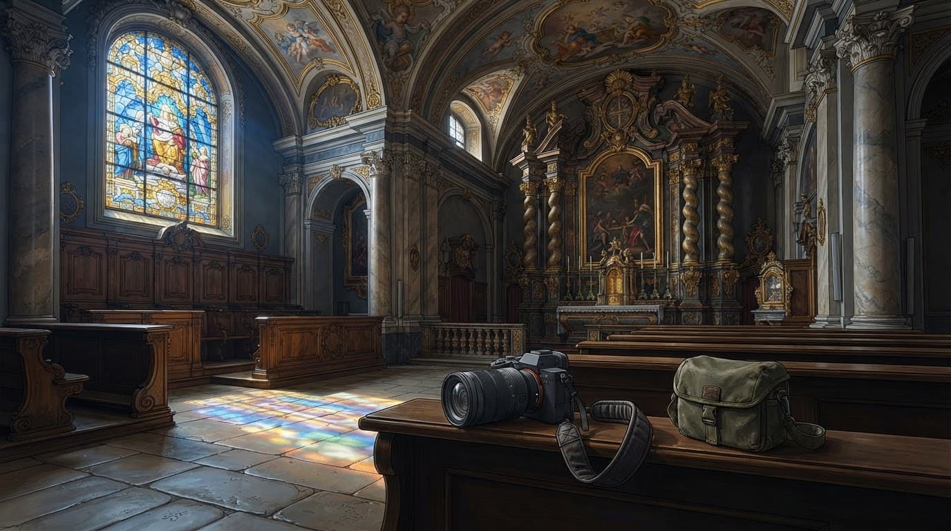 A Baroque chapel with stained-glass light, marble columns, and a camera resting on a pew.