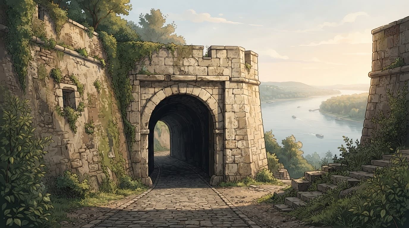 An arched stone gate and fortress wall overlook the hazy Danube.