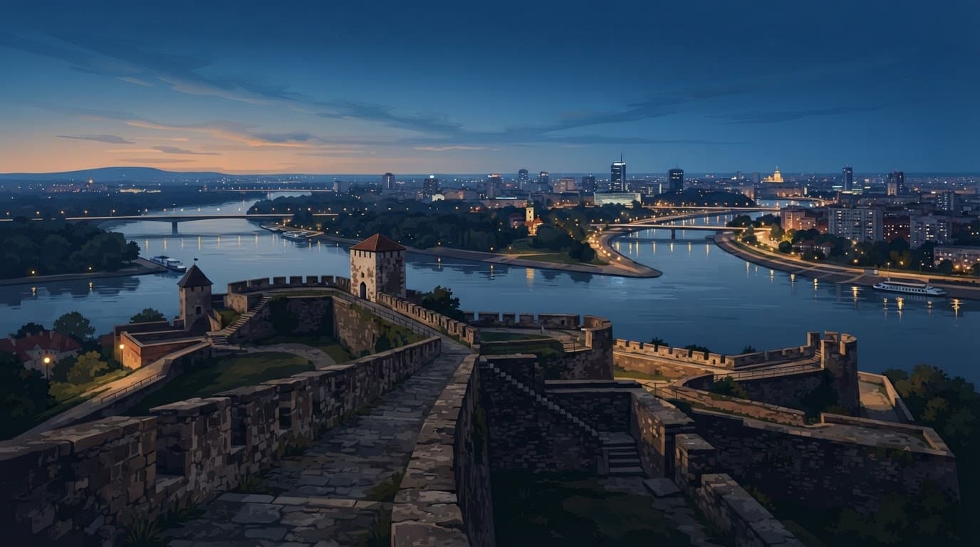 Stone fortress walls overlook the Danube and Sava rivers at blue hour.