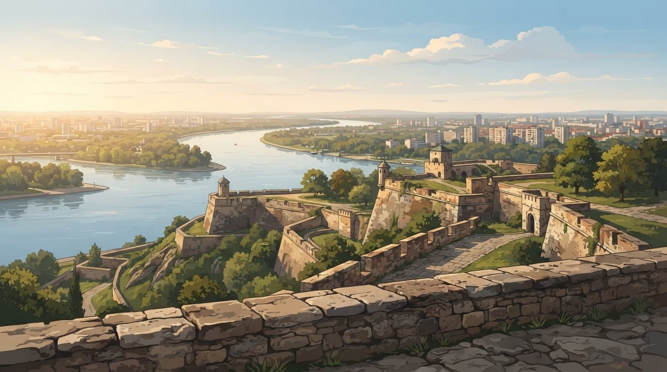 Stone fortress walls overlook the Danube River from Belgrade's Kalemegdan park.