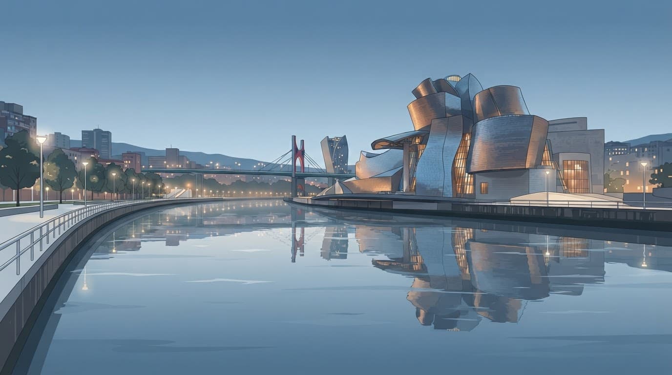 The Guggenheim Museum reflected in calm Nervion River water at blue hour.