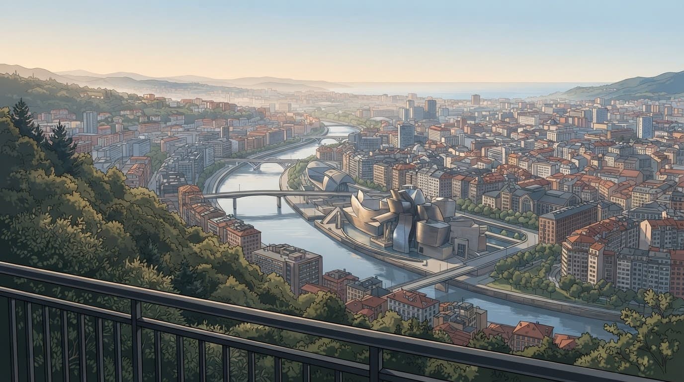 The Nervion River curves through Bilbao below the Guggenheim Museum at dawn.