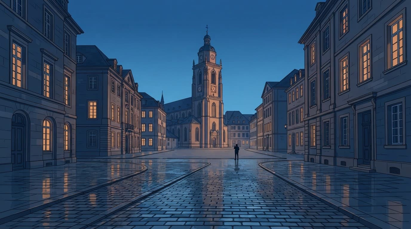 A wet old-town square leads toward a cathedral tower under a deep blue sky.