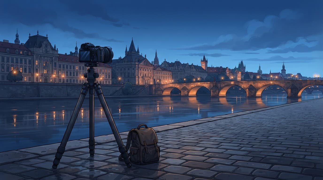 A camera on a tripod overlooks a European river and glowing bridge at twilight.