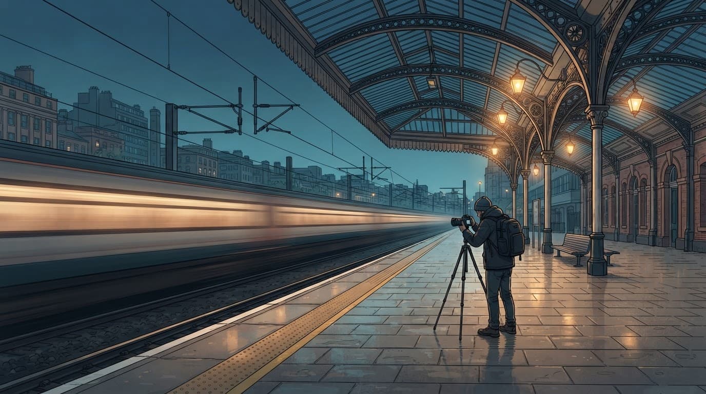 A photographer watches a blurred train at a wet, lamp-lit station platform.