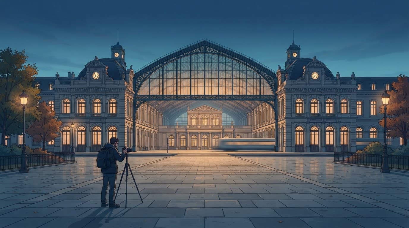 A photographer captures a grand train station at blue hour.