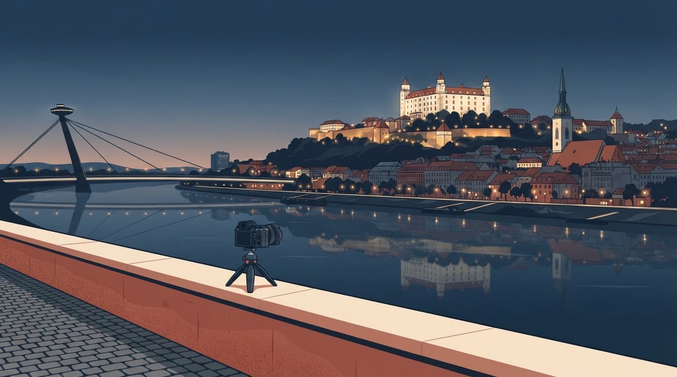 Bratislava Castle and the UFO Bridge overlook calm Danube reflections after sunset.