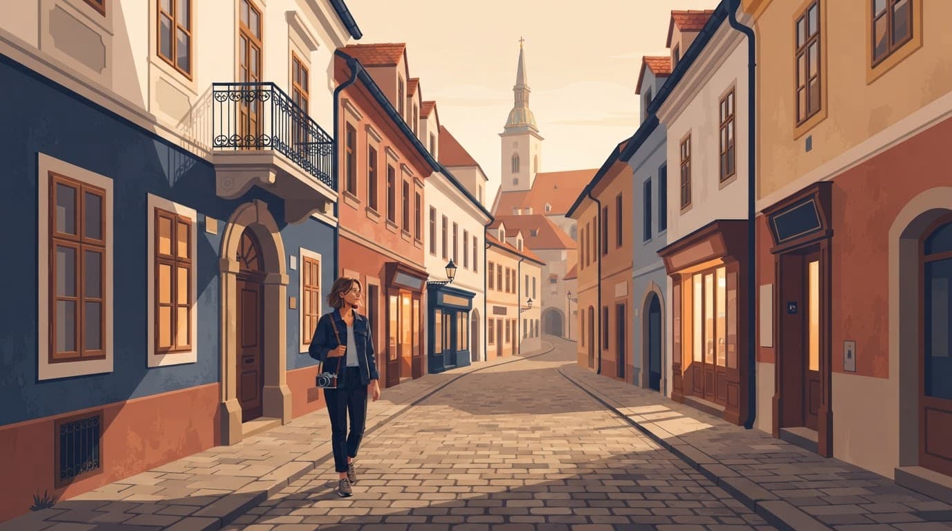 A photographer walks through a colorful cobbled street toward Bratislava Cathedral.