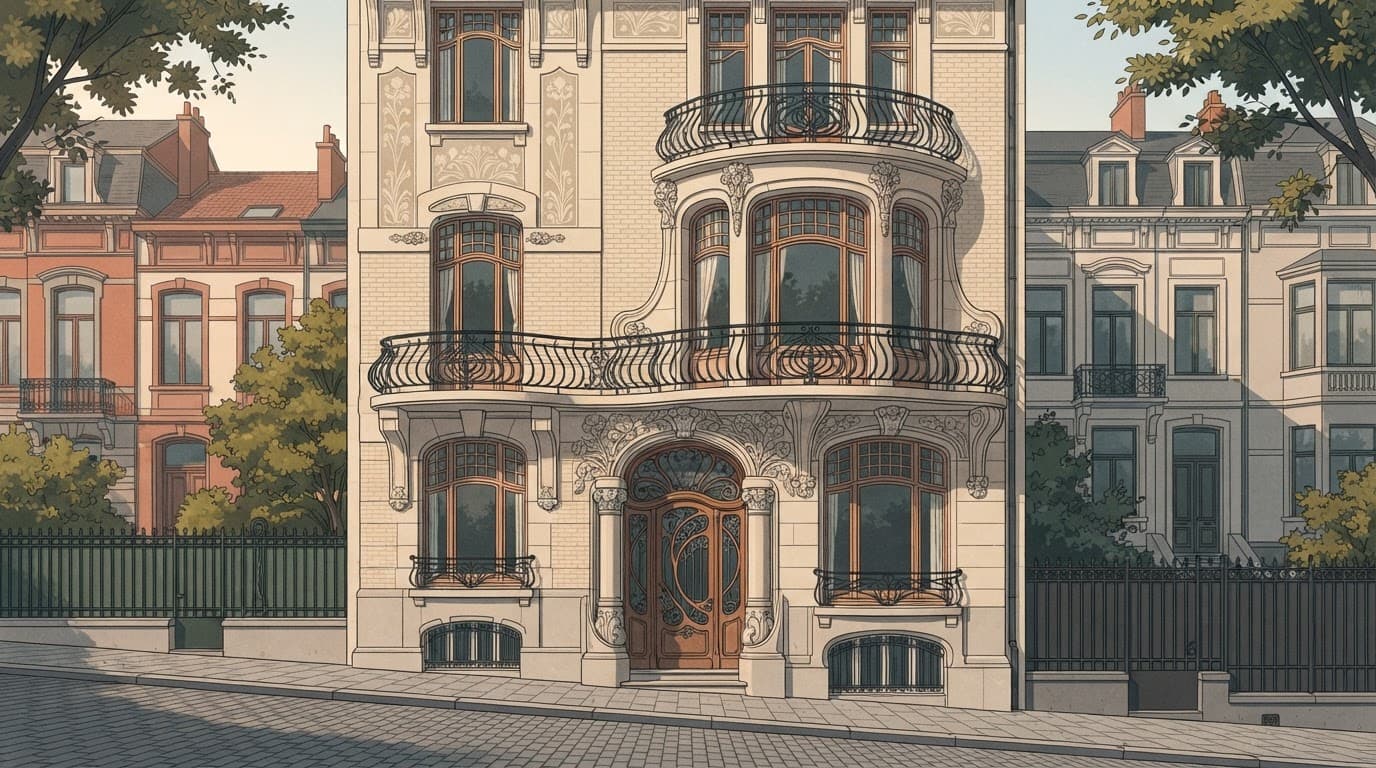 An ornate Brussels townhouse with curved ironwork and tall windows on a quiet street.