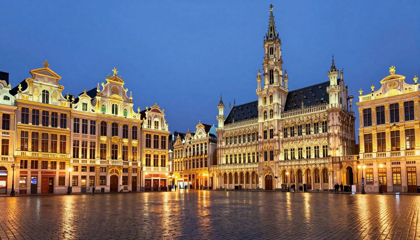 Warmly lit guildhalls surround Brussels Grand Place, reflected in wet cobblestones at blue hour.