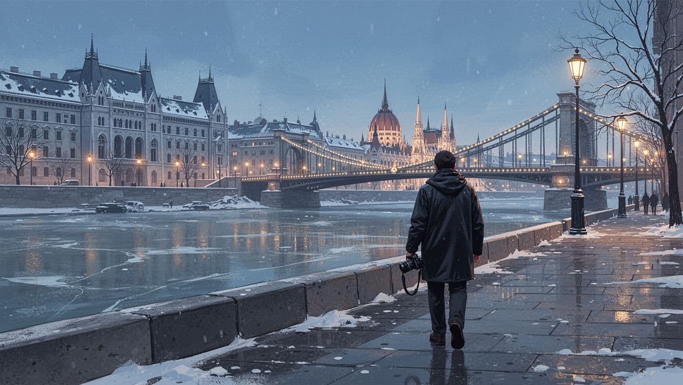 A photographer walks beside a frozen river as Budapest lights glow at winter dusk.