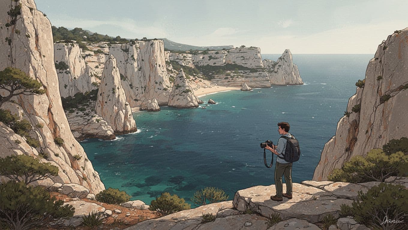 A photographer with a camera overlooks turquoise water and pale cliffs.