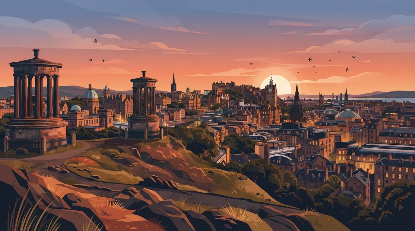 Neoclassical monuments overlook Edinburgh's skyline at sunset.