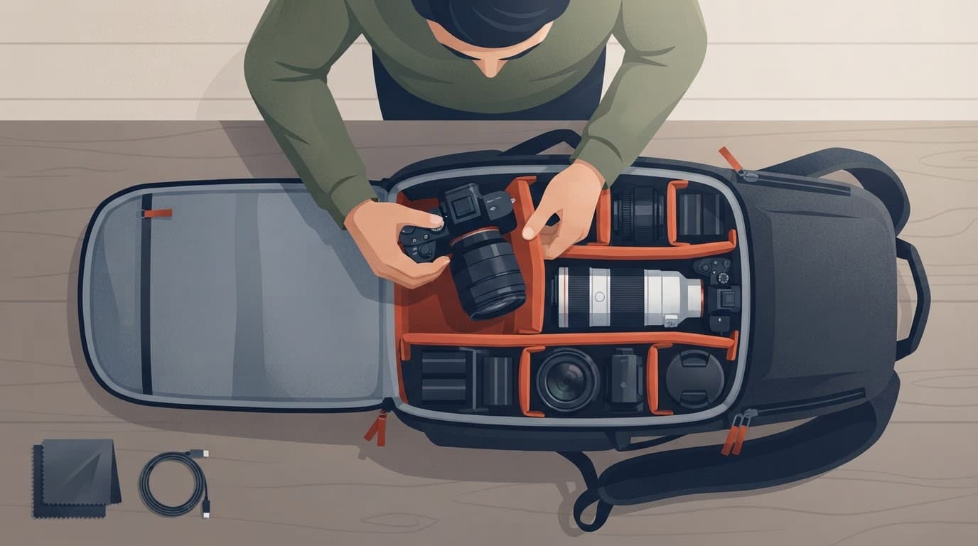 Person arranging cameras and lenses inside a modular backpack.