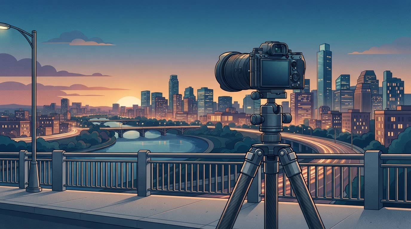 A camera on a tripod faces a city skyline at dusk.
