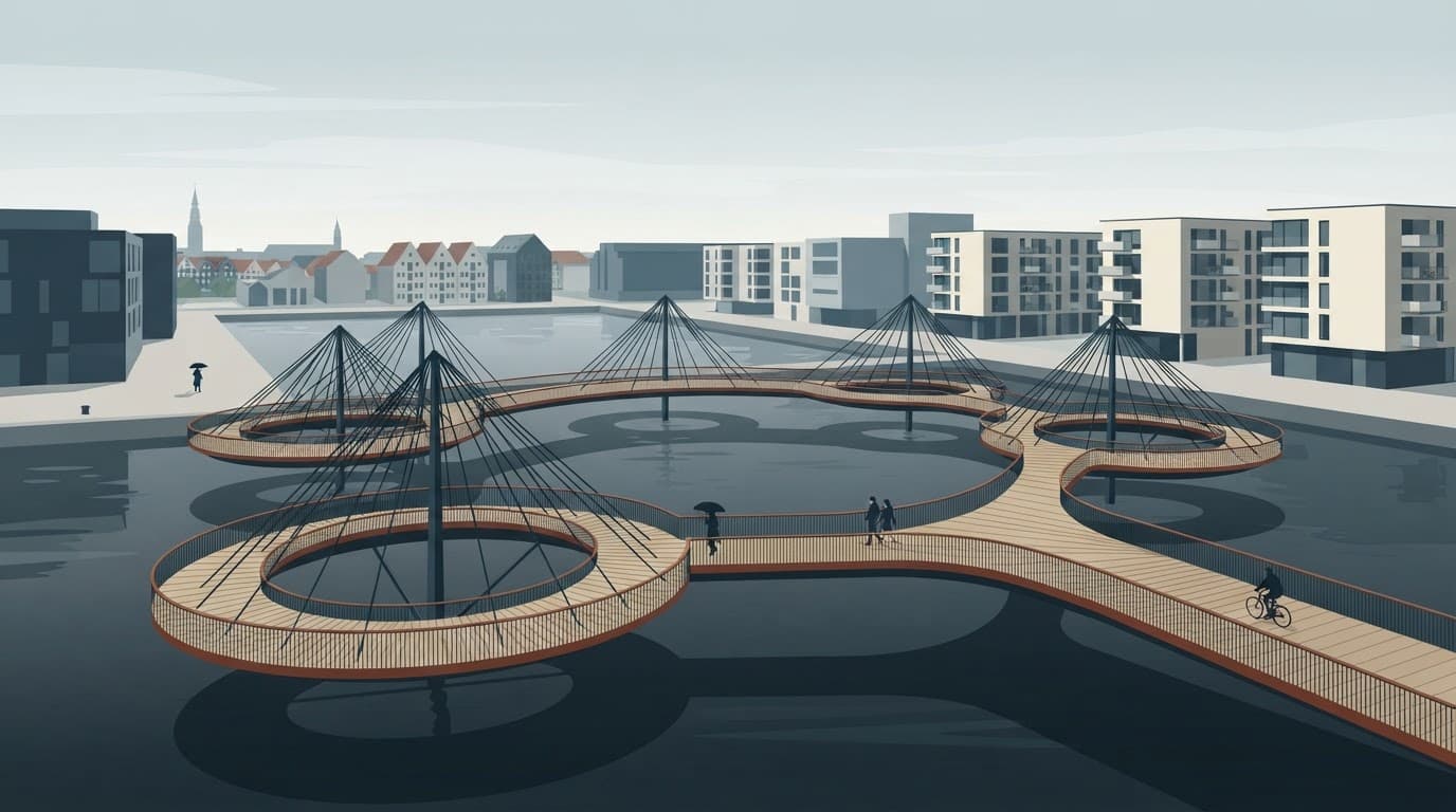 Geometric pedestrian bridge crossing a Copenhagen harbor under a pale sky.