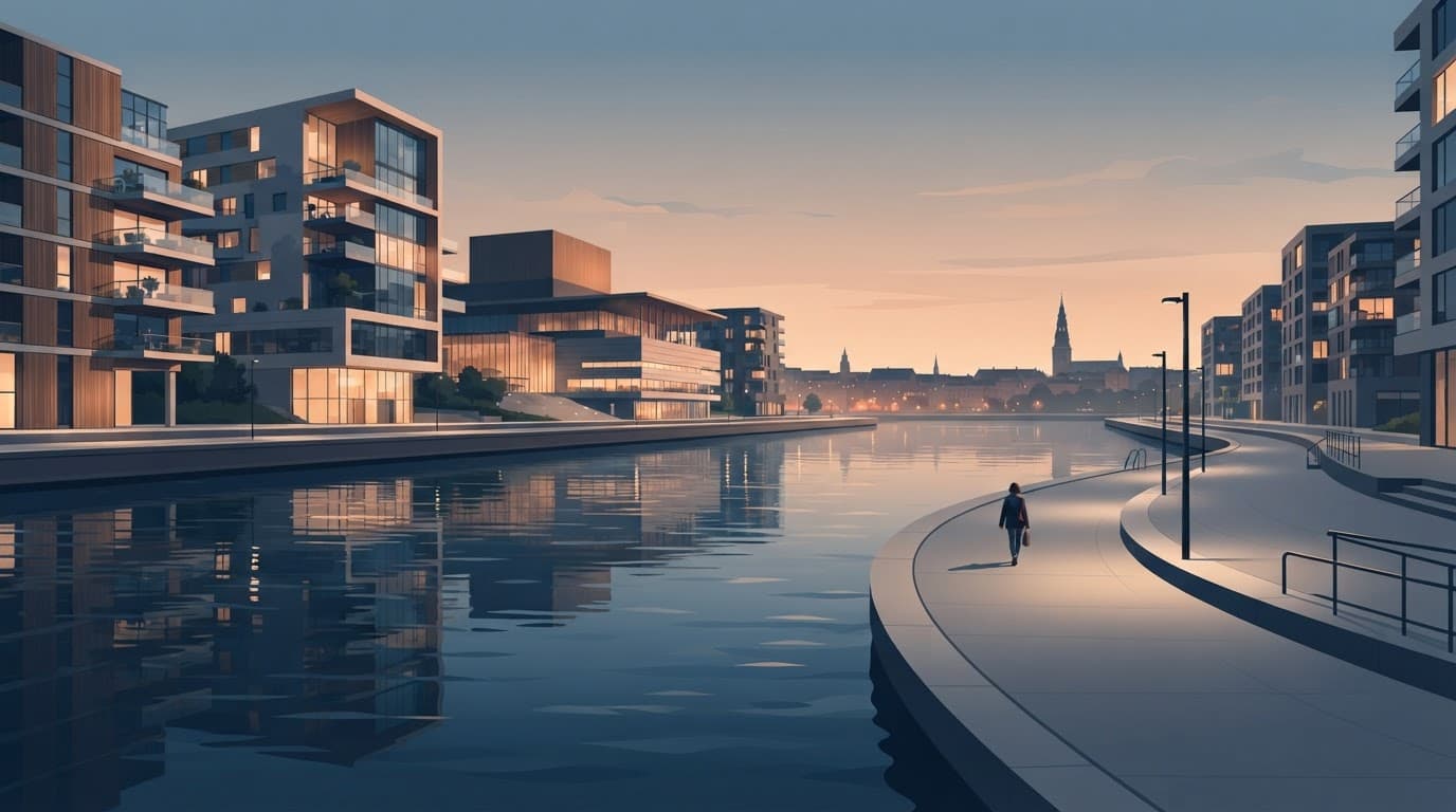 Modern buildings line a calm Copenhagen canal as one person walks beside the reflective water.