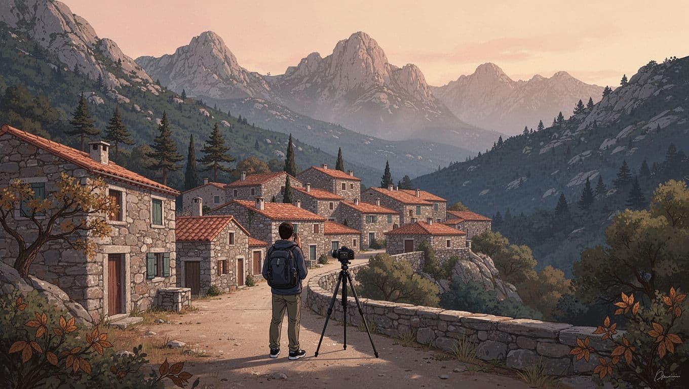 A photographer beside a tripod overlooks a Corsican village and hazy mountain valley.