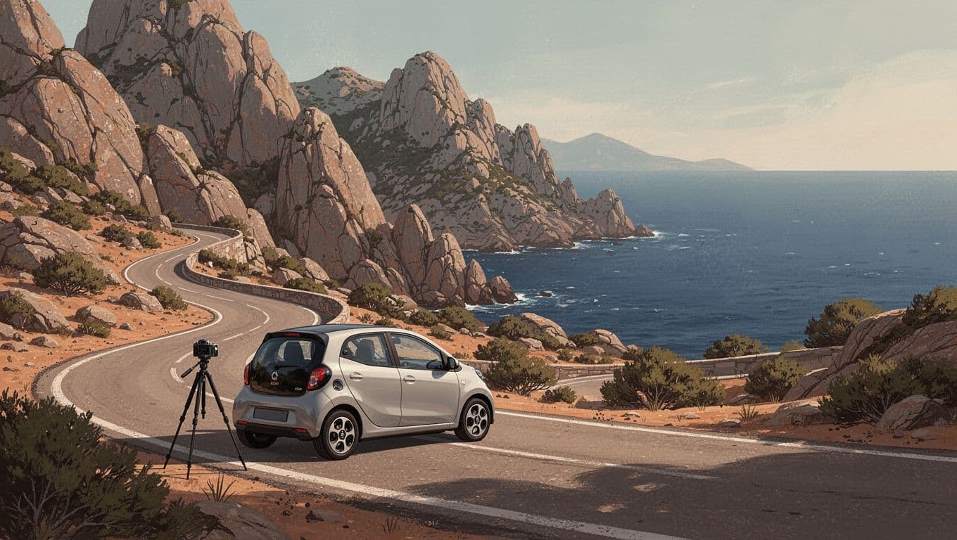A coastal road with one parked car and tripod overlooking blue sea cliffs.