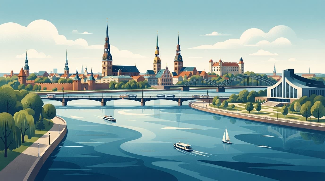 Panoramic Daugava River view with Riga bridges and church spires.