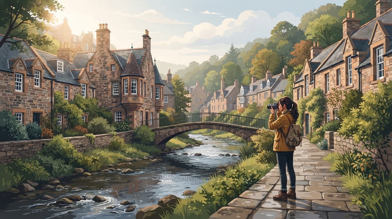 A photographer stands beside the river near historic stone cottages in morning light.