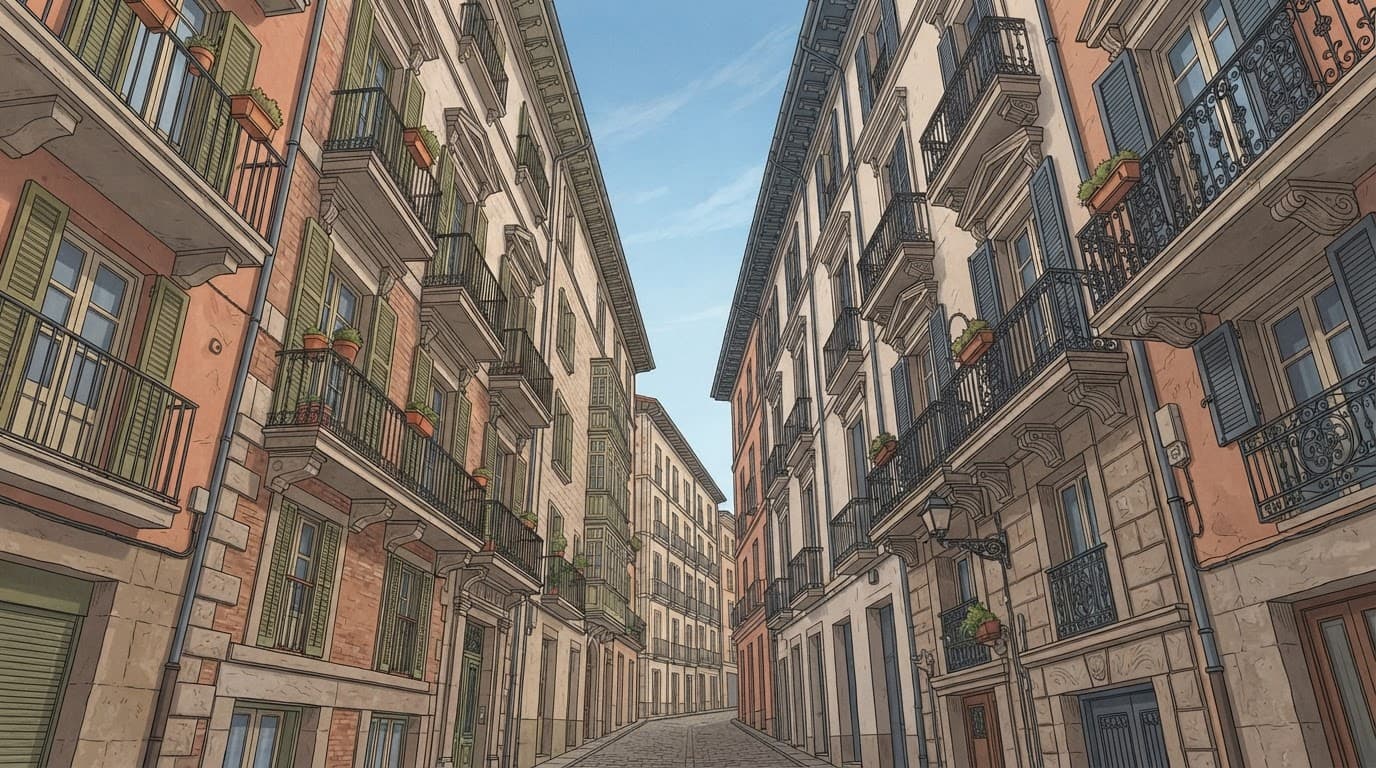 Upward view of ornate alley facades, balconies, windows, and blue sky.