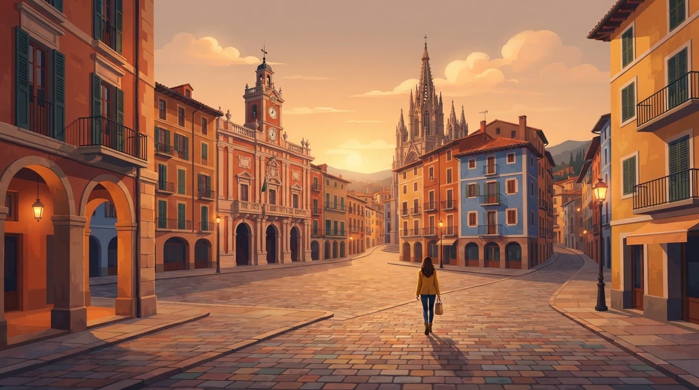 One person crosses a colorful historic town square at sunset.
