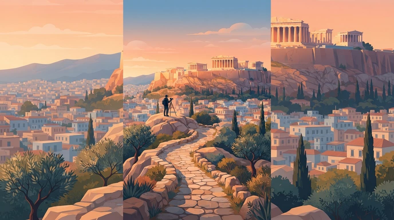 A photographer with a tripod views the Acropolis from Filopappou Hill.