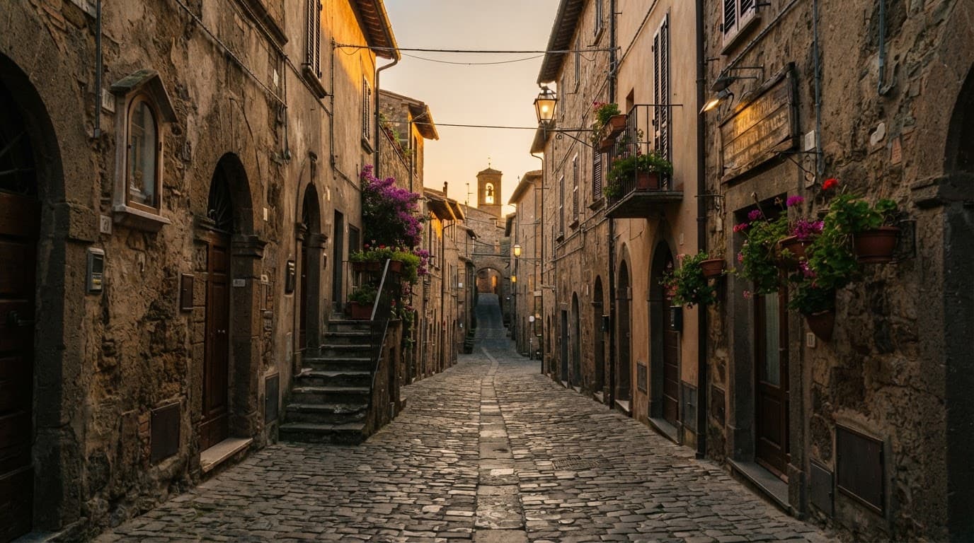 Empty cobblestone street lined with historic stone buildings in golden sunlight.