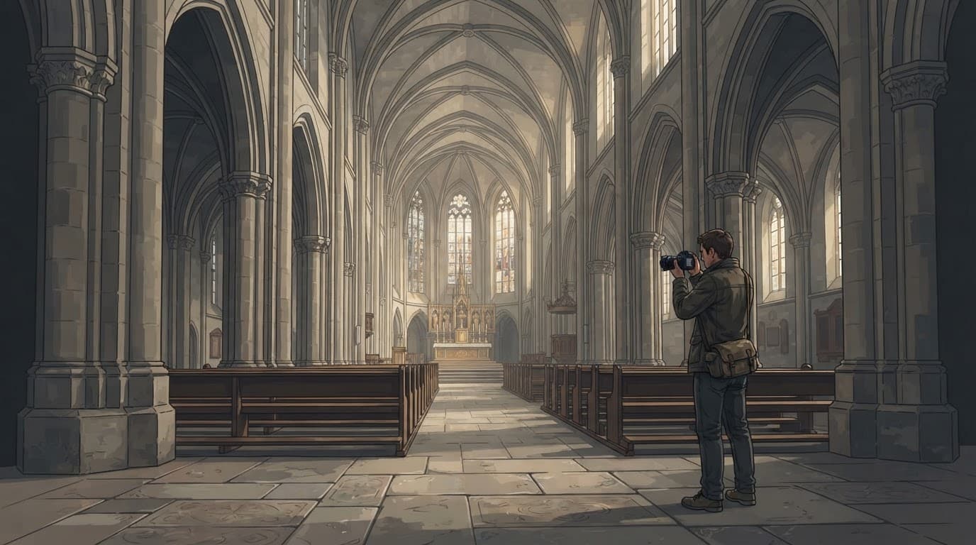 A photographer holds a camera in a historic church nave facing the altar.