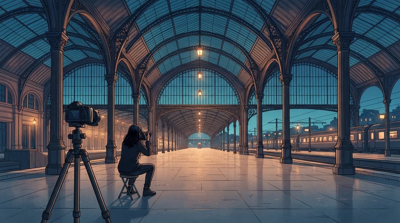 A camera on a tripod faces a historic station aisle.