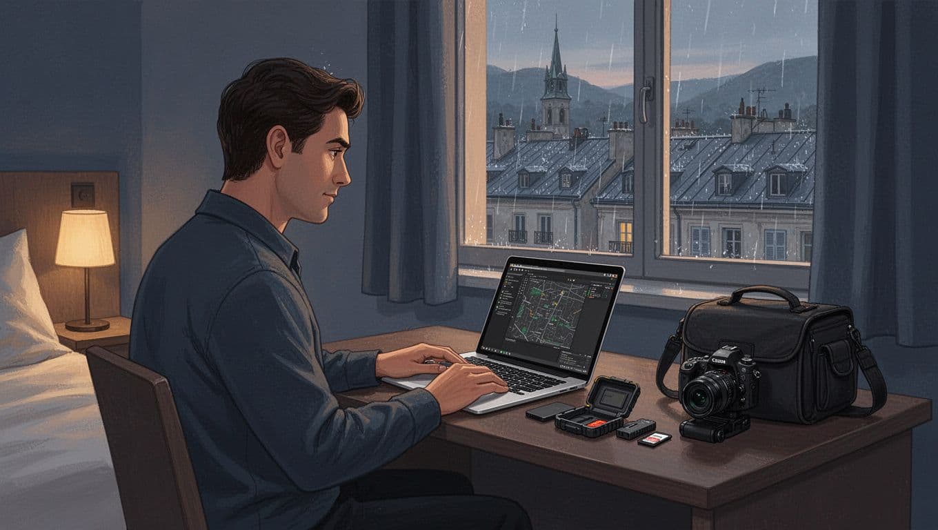 A traveler checks a laptop beside a rugged drive and memory-card case, with a camera bag nearby.