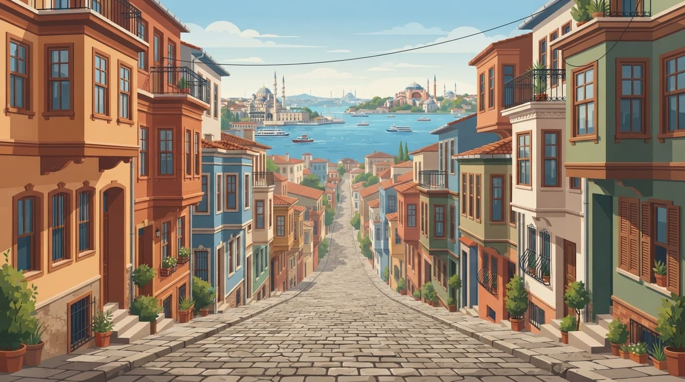 A steep cobblestone street lined with colorful Ottoman houses overlooks the Bosphorus.