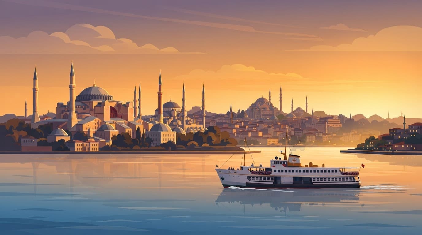 A ferry passes Istanbul mosque minarets on the blue Bosphorus at sunset.