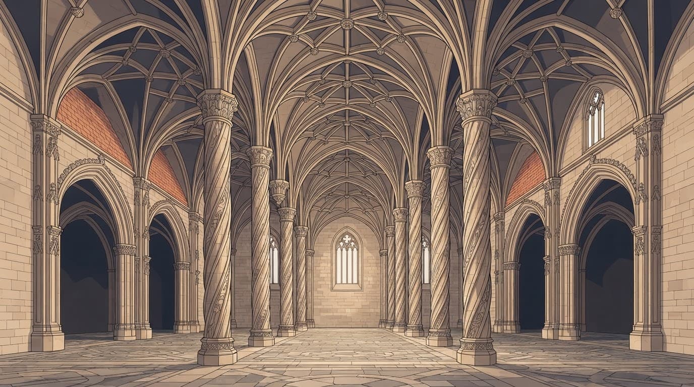 Stylized Gothic arches and stone columns in warm beige and terracotta tones.