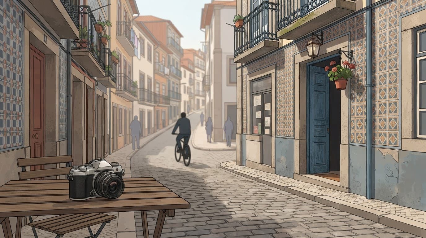 A camera on a café table overlooks a historic European street with tiled buildings.