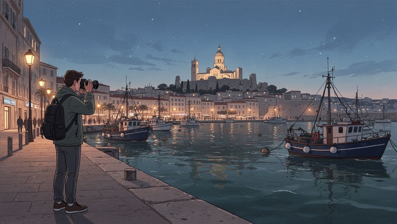 A photographer faces boats with the Marseille basilica beyond.