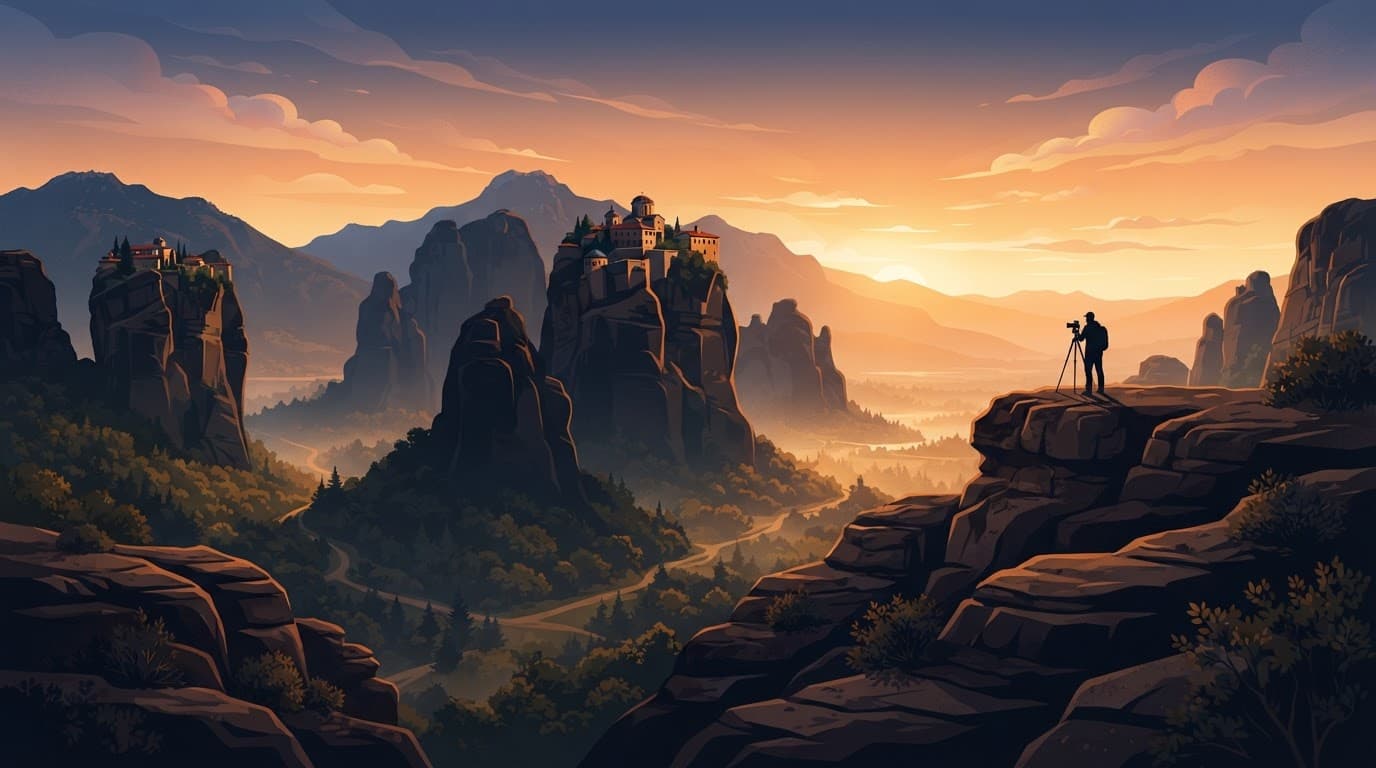 Sandstone pillars and monasteries glow behind a distant photographer at sunrise.