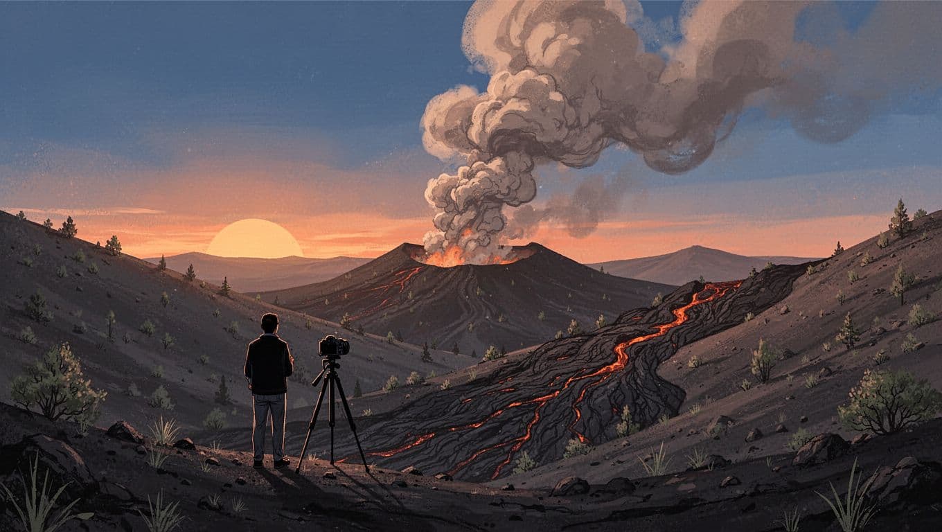 A photographer beside a tripod views Mount Etna's lava slopes at sunrise.