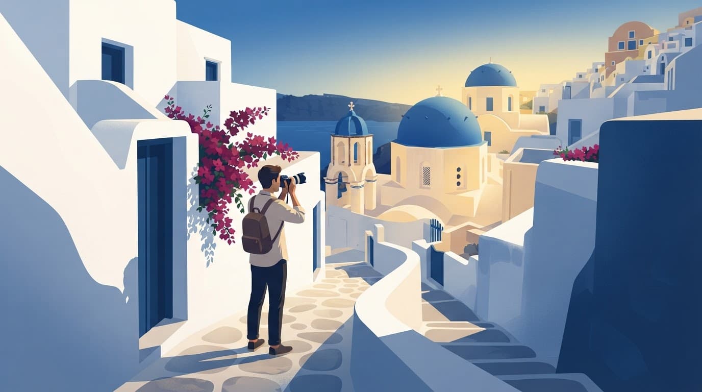 A photographer looks toward Oia's blue domes in a sunlit white alley.
