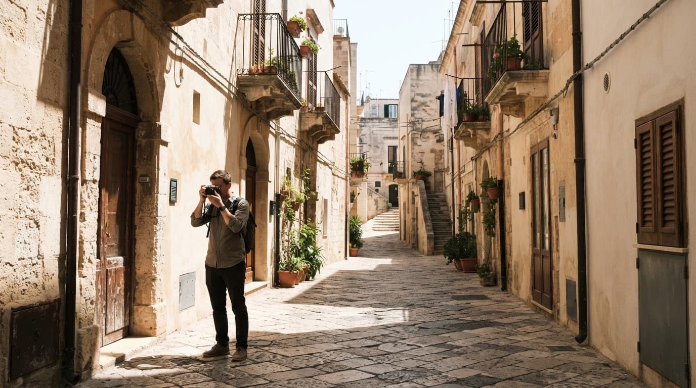 A photographer captures a sunlit European street from a shaded spot.