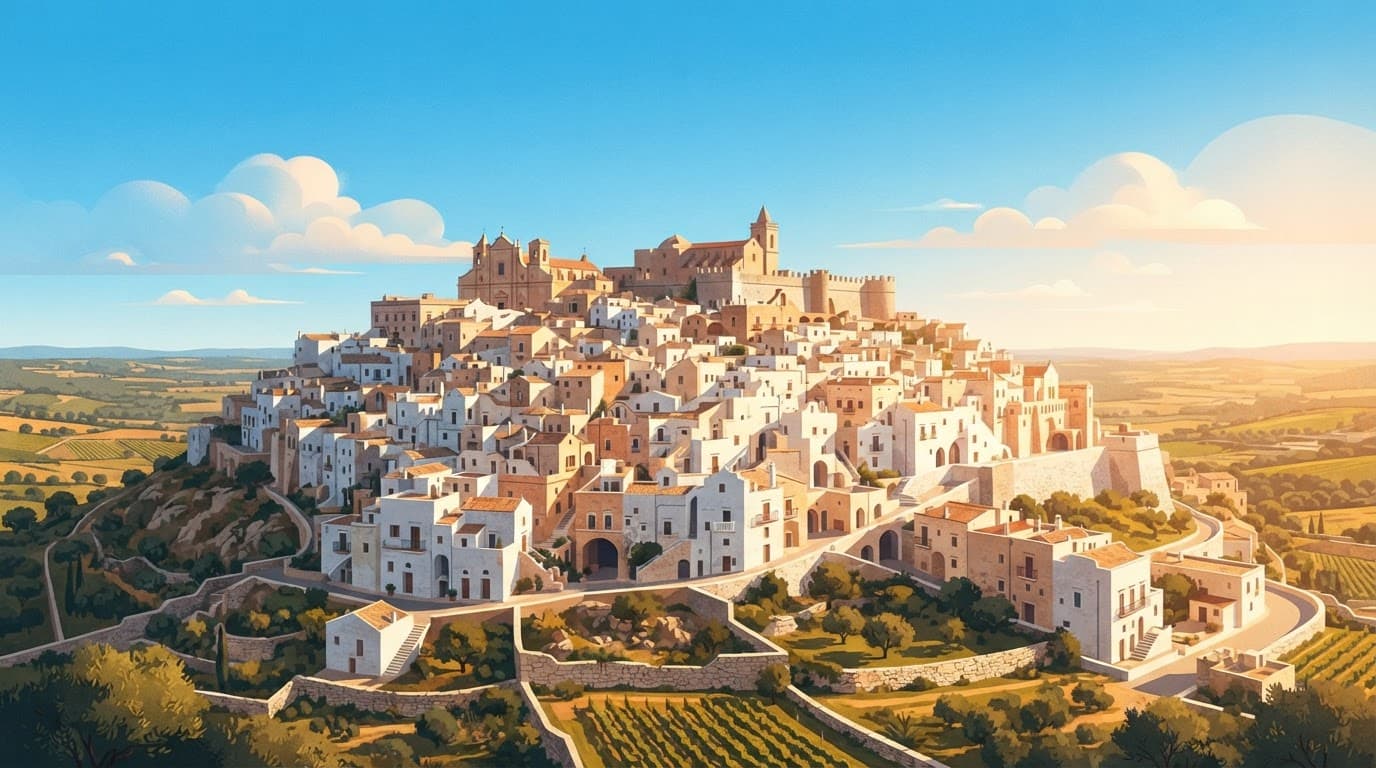 Whitewashed houses cover an Italian hill beneath a bright blue sky.