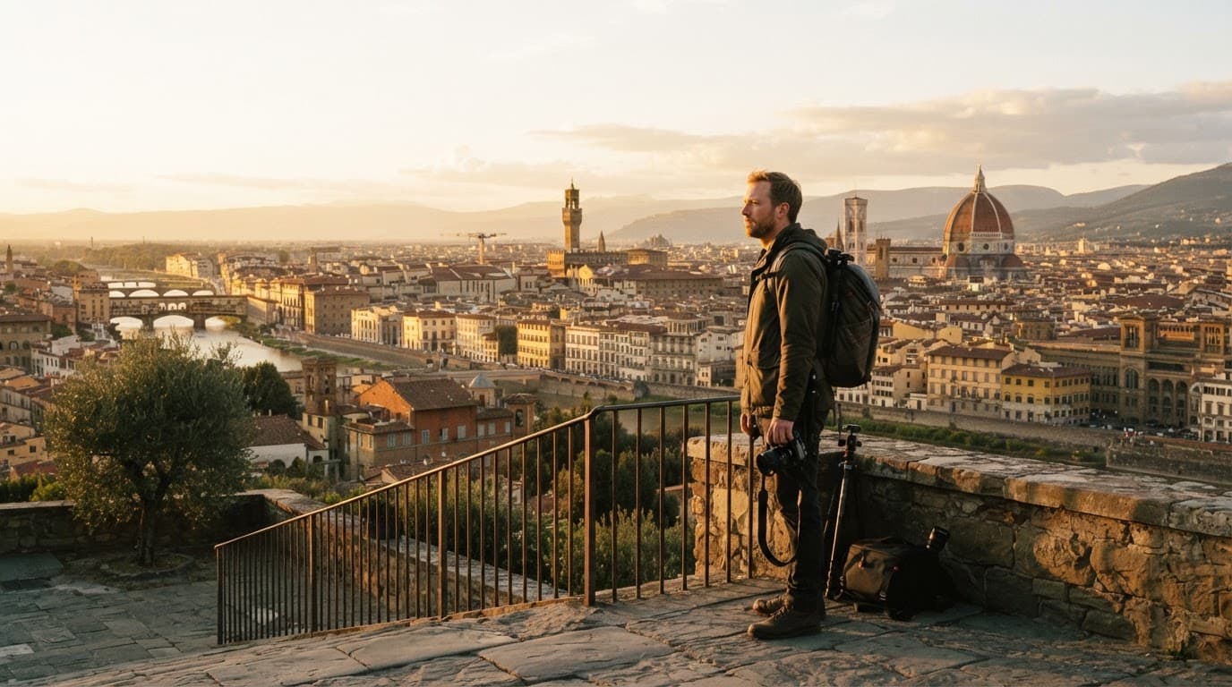 Photographer overlooking a historic European city at golden hour.