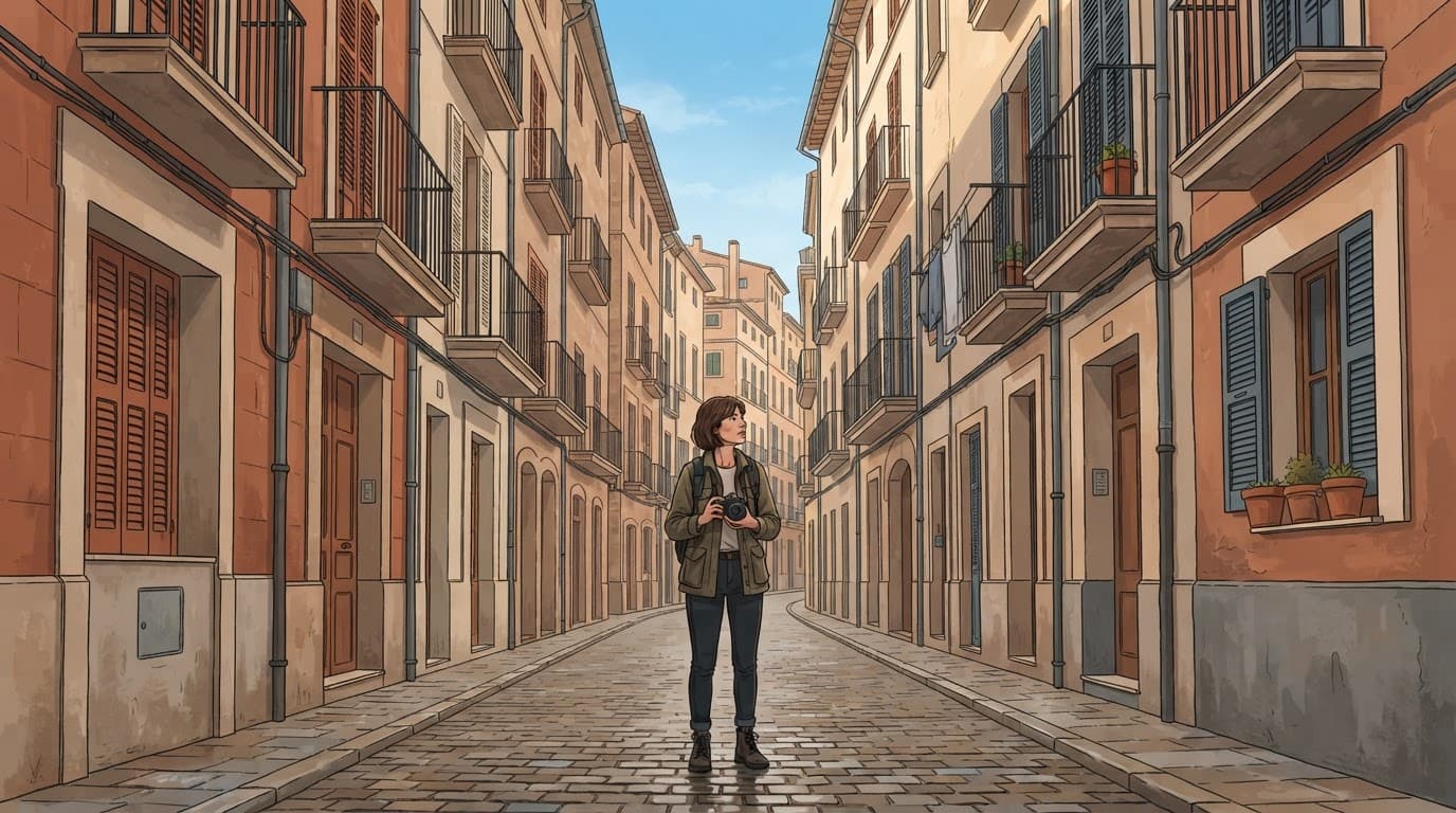 A photographer aims a camera down a narrow European street lined with old buildings.