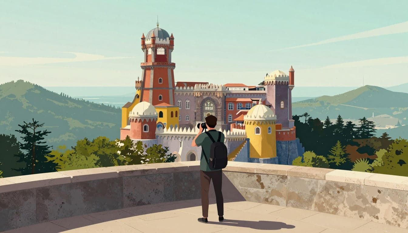A photographer views Pena Palace from a stone terrace in the misty hills of Sintra.