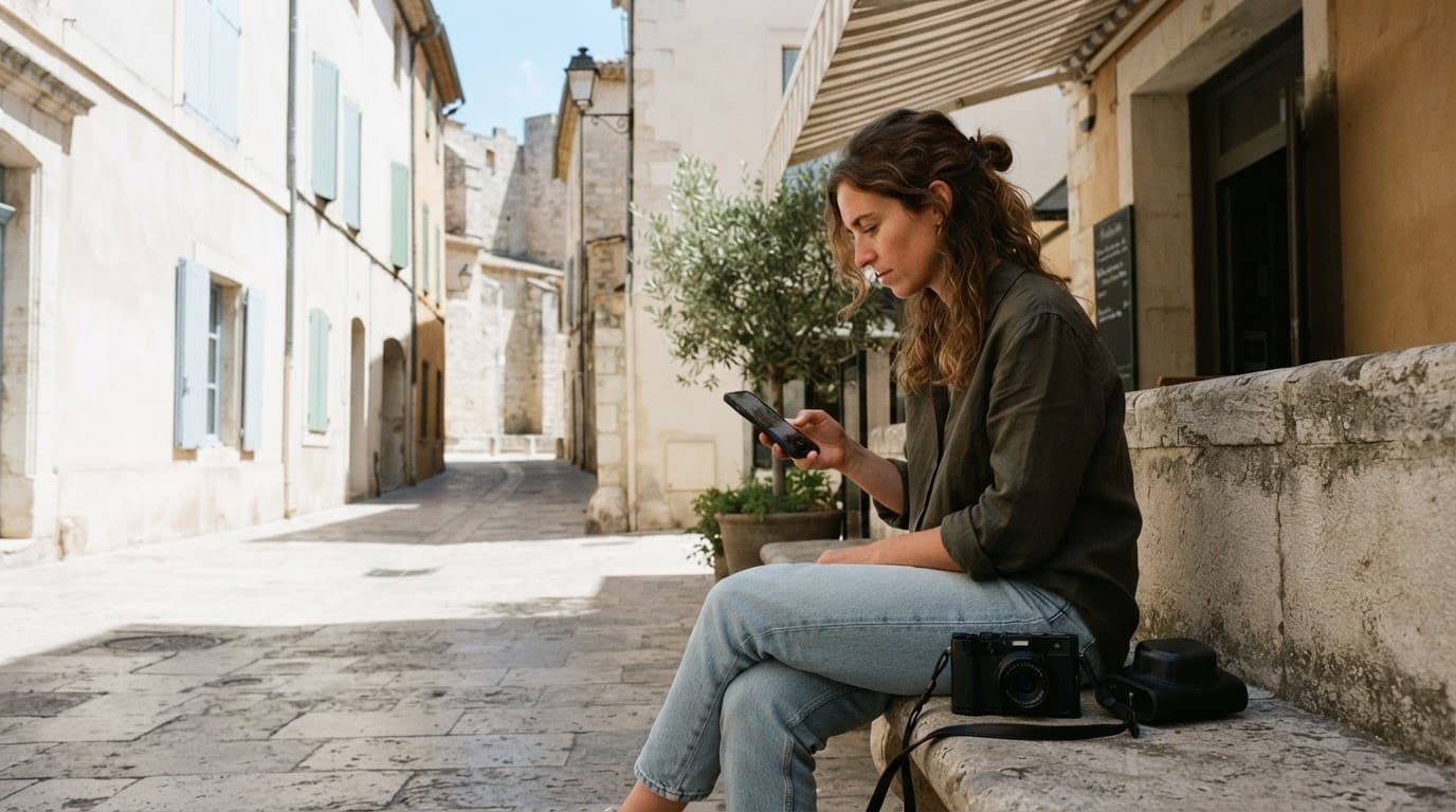 A photographer reviews a phone beside a compact camera in a sunny plaza.