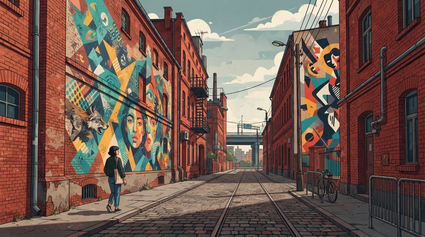 One person walks beside brick warehouses covered in colorful murals.