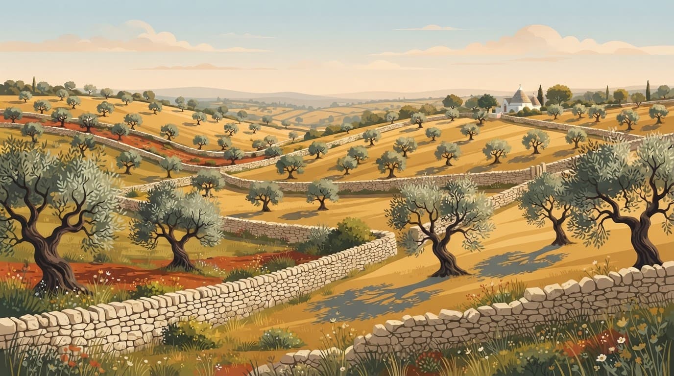 Gnarled olive trees and stone walls across sunlit golden hills in Puglia.
