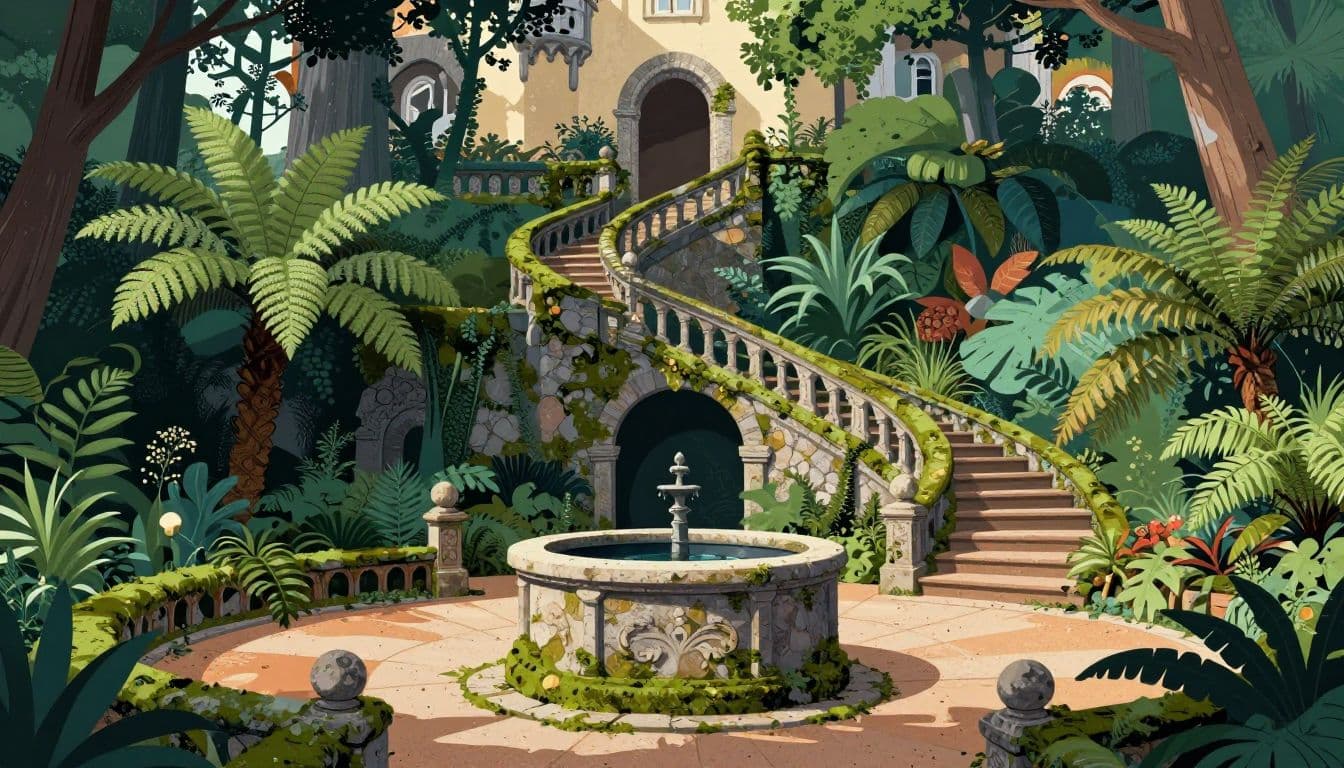 Mossy stairs spiral around an ornate stone well in a shaded garden.