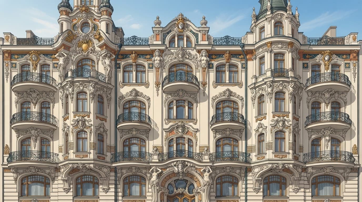 Ornate Art Nouveau facade in Riga with curved balconies and sculpted details.